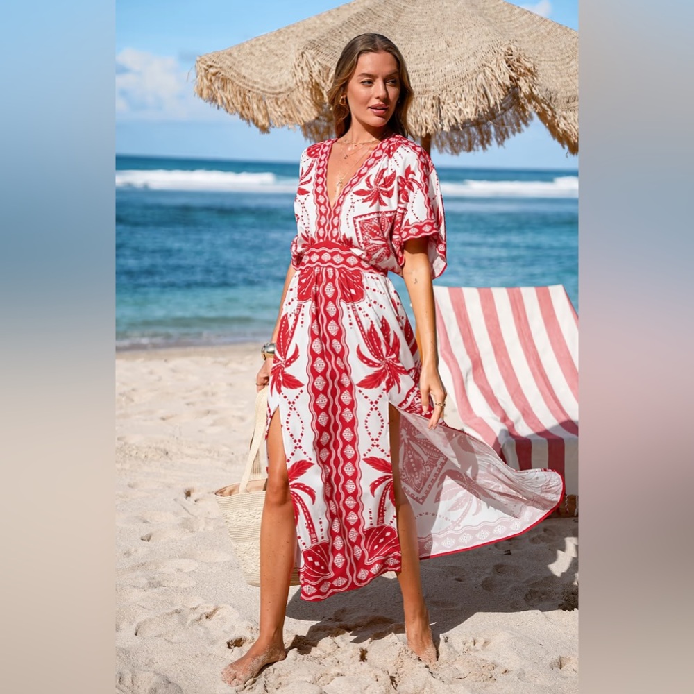 Cupshe White and Red Floral-Print Maxi Dress